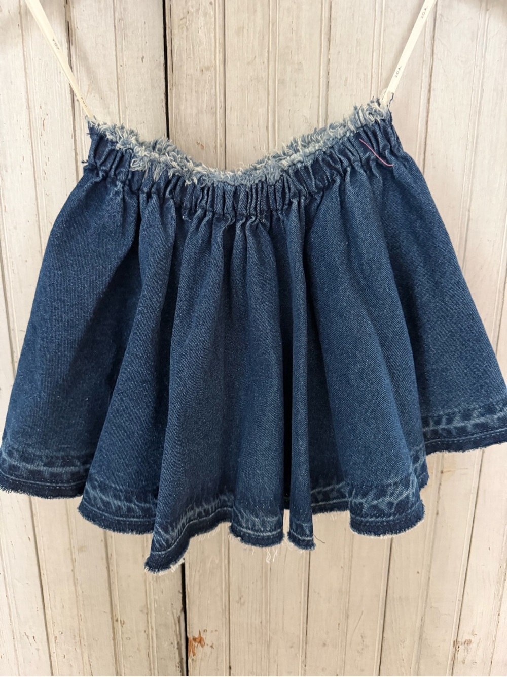 J.O.A. Dark Blue Denim Circle strapless topwith Frayed Waist